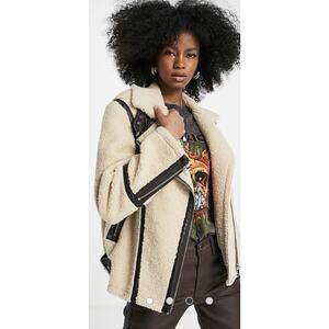 TOPSHOP NWOT Women's 8 Tan Shearling Faux Leather Bomber Aviator Biker Jacket